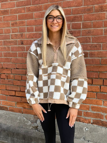 Taupe Checkered Fleece Block Pullover Top
