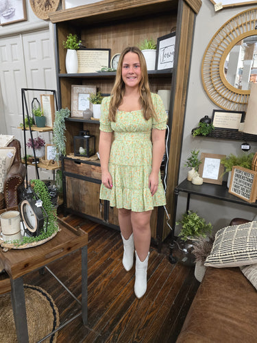 Sage Floral Sq Neck Tiered Dress