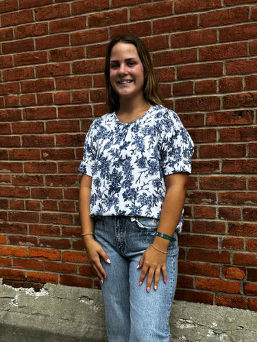 Blue Floral Round Neck Top