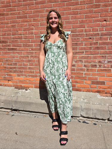 Moss Green Desert Print Ruffle Midi Dress