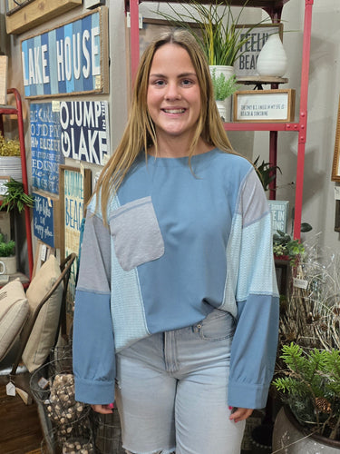 Blue Patchwork Long Sleeve Top
