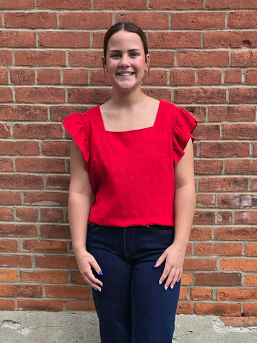 Red Square Collar Ruffled Tank