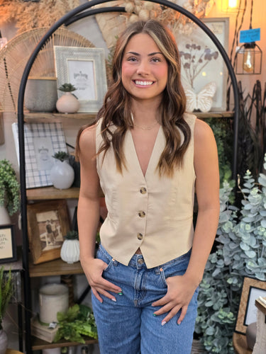 Khaki Linen Button-Up Vest