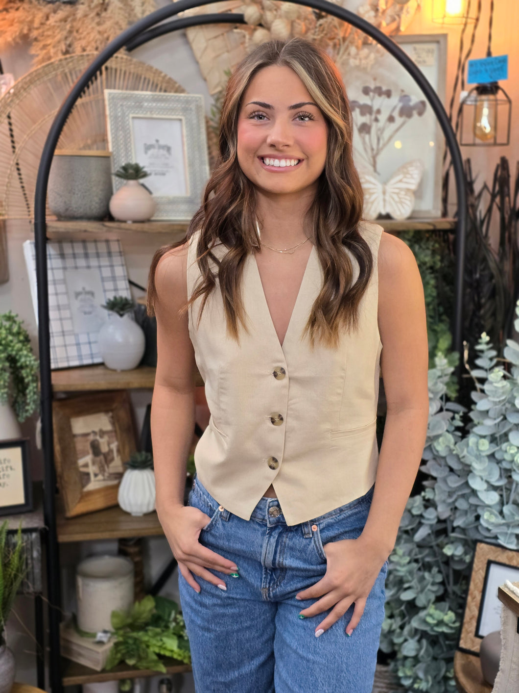 Khaki Linen Button-Up Vest
