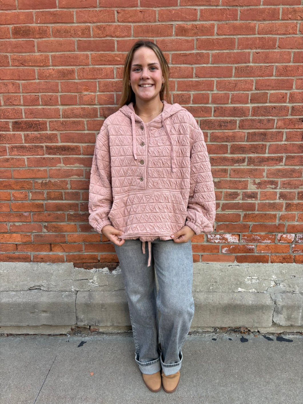 Quilting Knit Buttoned Hoodie Top With Pocket