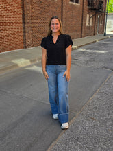 Load image into Gallery viewer, Black V-Neck Swiss Dot w/Petal Sleeves