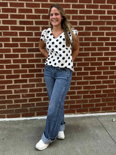 Polka Dot Print Ruffled Sleeve Top