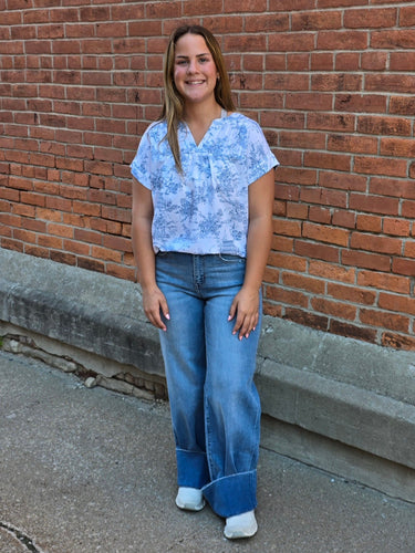 Blue Toile Print Yoke Detail Top
