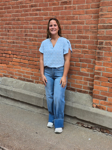 Light Blue V-Neck Swiss Dot w/Petal Sleeves