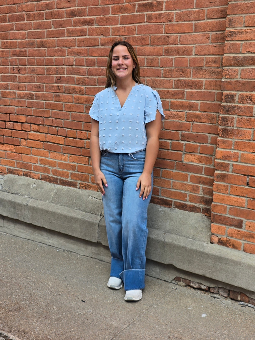 Light Blue V-Neck Swiss Dot w/Petal Sleeves