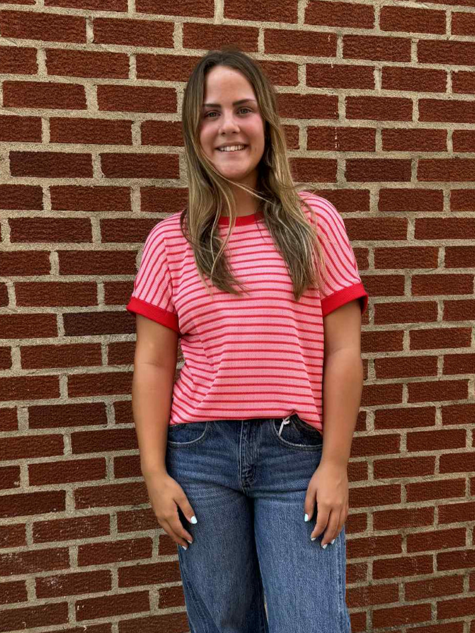 Red Stripe Round Neck Top