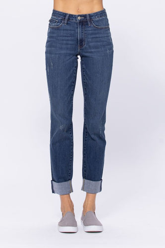 Mid-Rise Double Cuffed Long Boyfriend Jeans