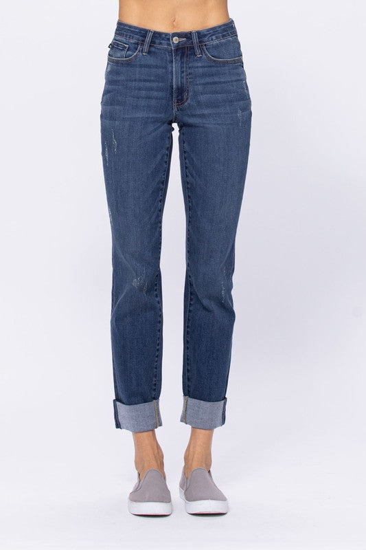 Mid-Rise Double Cuffed Long Boyfriend Jeans