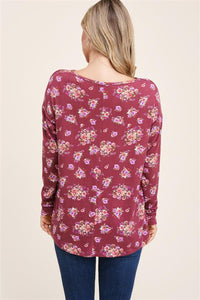 Dark Mauve Floral Twist Hem Top