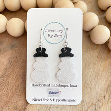 Load image into Gallery viewer, Snowman Earrings: White Fine Glitter w/Black Leather Hat
