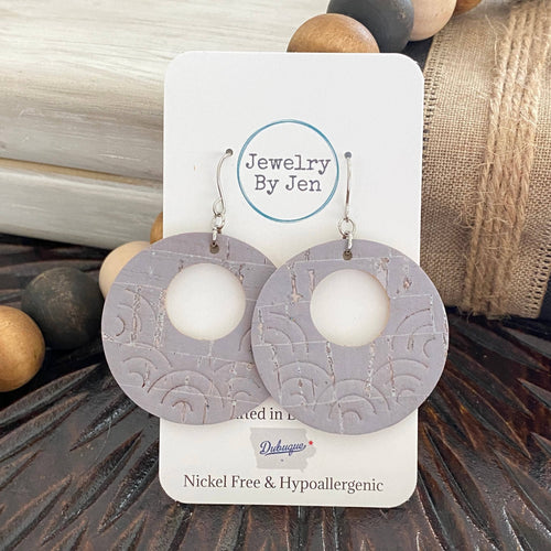 Embossed Medium Rainbow Circle: Bluish Grey Cork Earrings